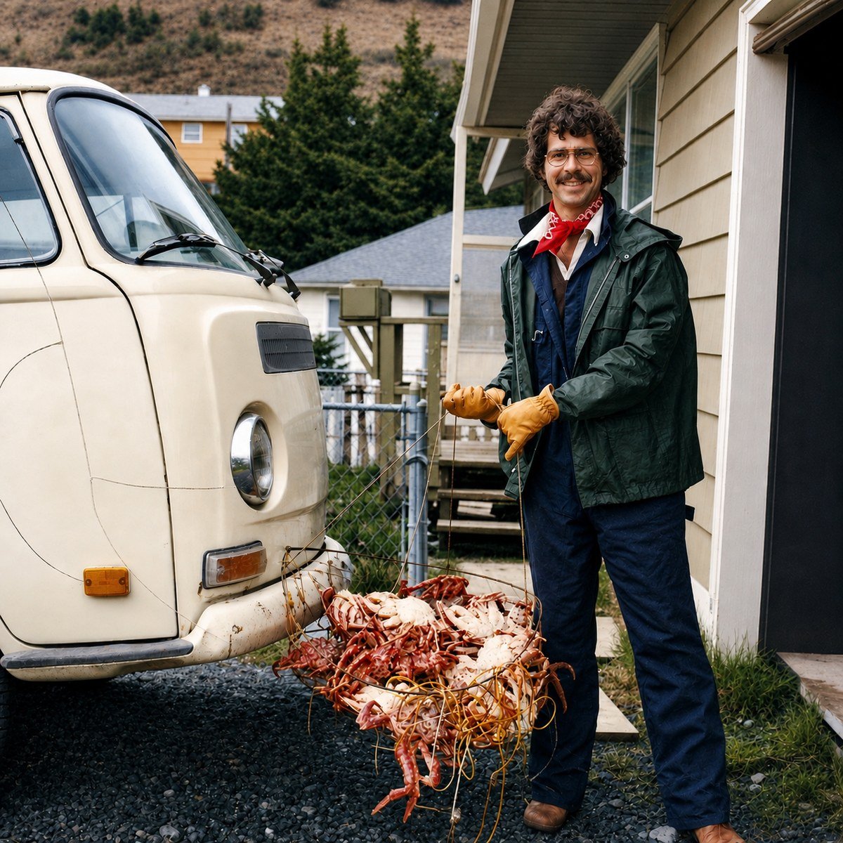 Philippe Foubert as a young man on Kodiak Island, standing beside a
                      Volkswagen van holding a ring net loaded with crab.