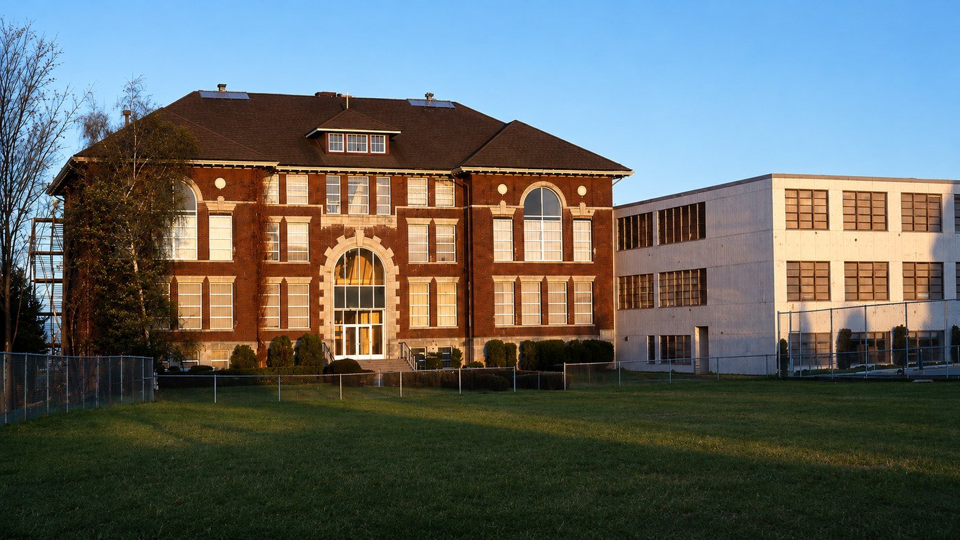 Seattle Preparatory School, a three-storey brick building with an arched
                      entrance, photographed in late afternoon light.